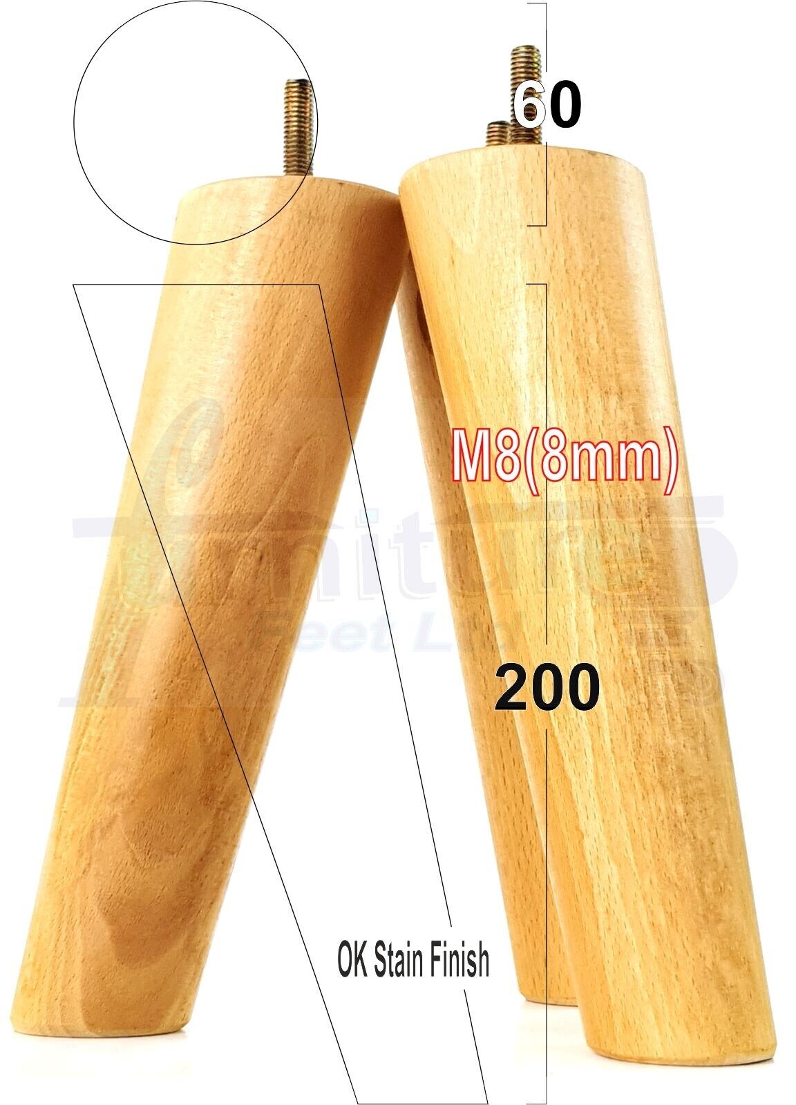 4 Solid Wood Turned Furniture Feet Replacement Mid Centry Angled Retro Legs 200mm High M8 Sofa Chairs Stools Cabinets Beds