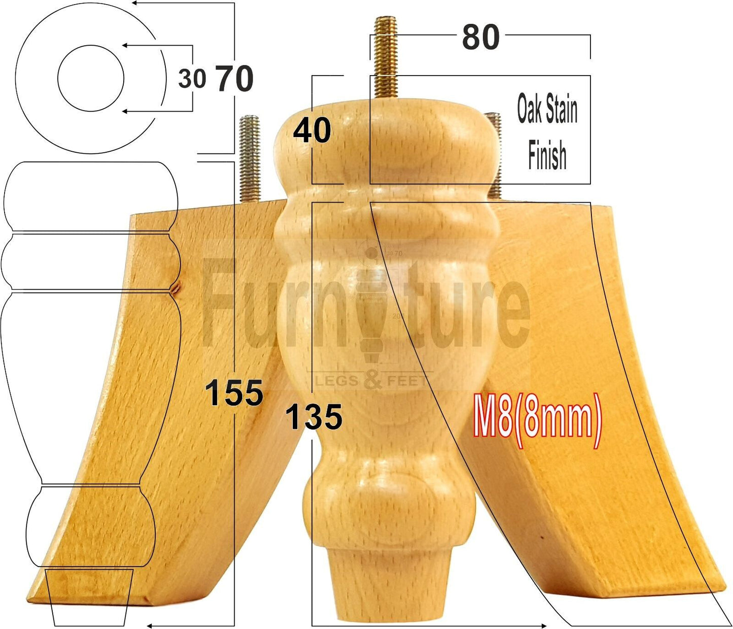 2x Turned Wood Furniture Feet 155mm and 2 Curved Back Legs Sofas Chairs Beds M8 Thread 6 Inches