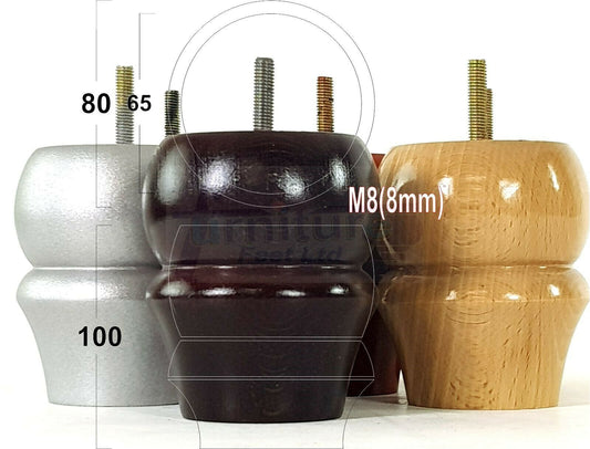 Set Of 4 Solid Wood Turned Furniture Legs Replacement Bun Feet 100mm High 8mm Thread