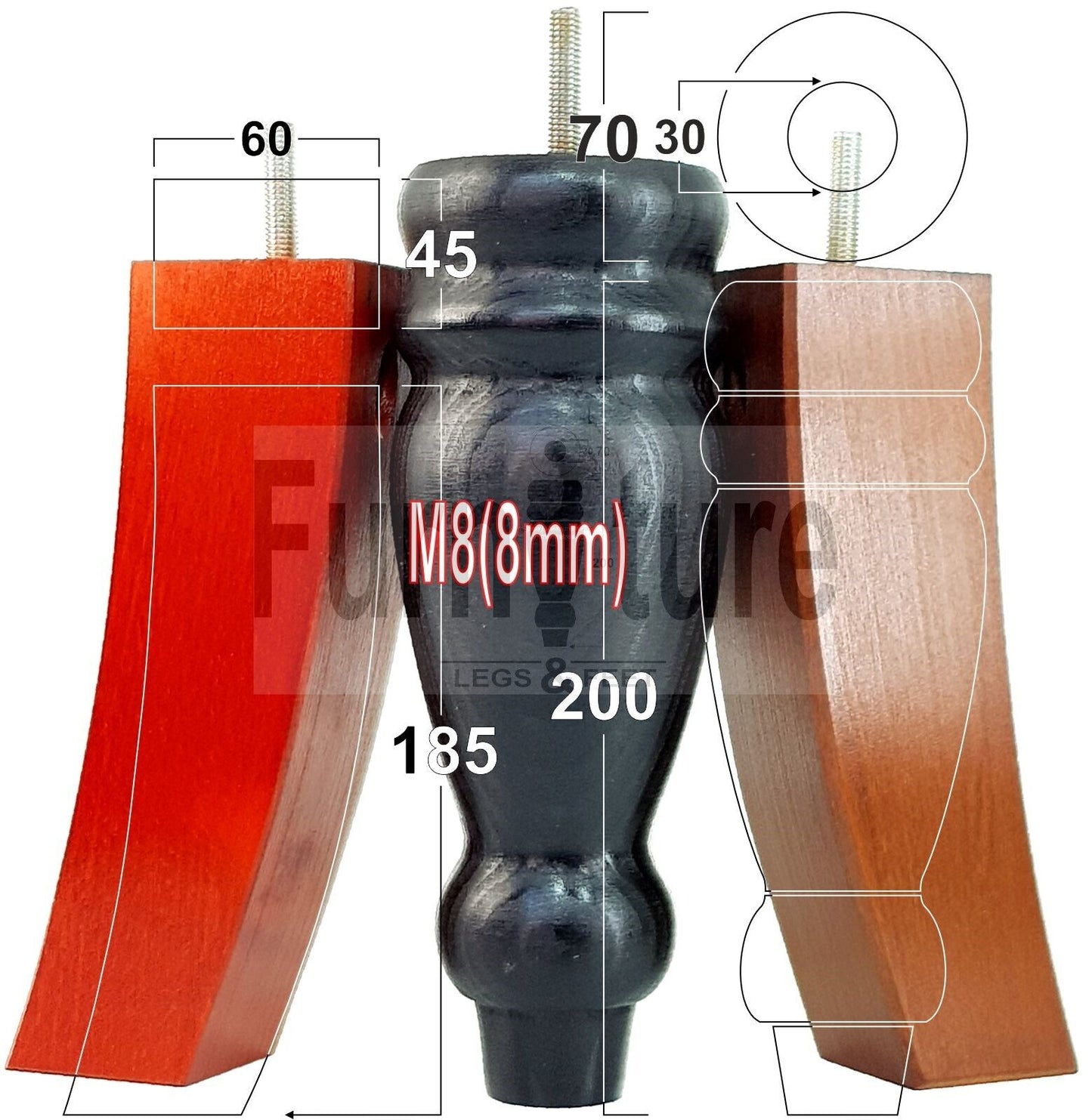 2 Traditional Turned Furniture Feet Replacement Sofa Legs 200mm & 2 Curved Back Legs 185mm for Chairs Stools Sofa Beds Settee Cabinets M8
