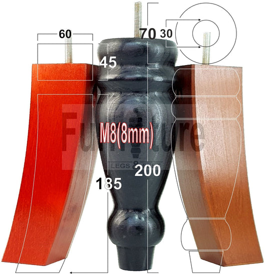 2 Traditional Turned Furniture Feet Replacement Sofa Legs 200mm & 2 Curved Back Legs 185mm for Chairs Stools Sofa Beds Settee Cabinets M8