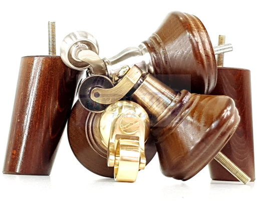 2 Antique Brown Wood Furniture Sofa Legs With Castor 125mm & 2 Angled Back Feet Chair Settee 100mm High M8