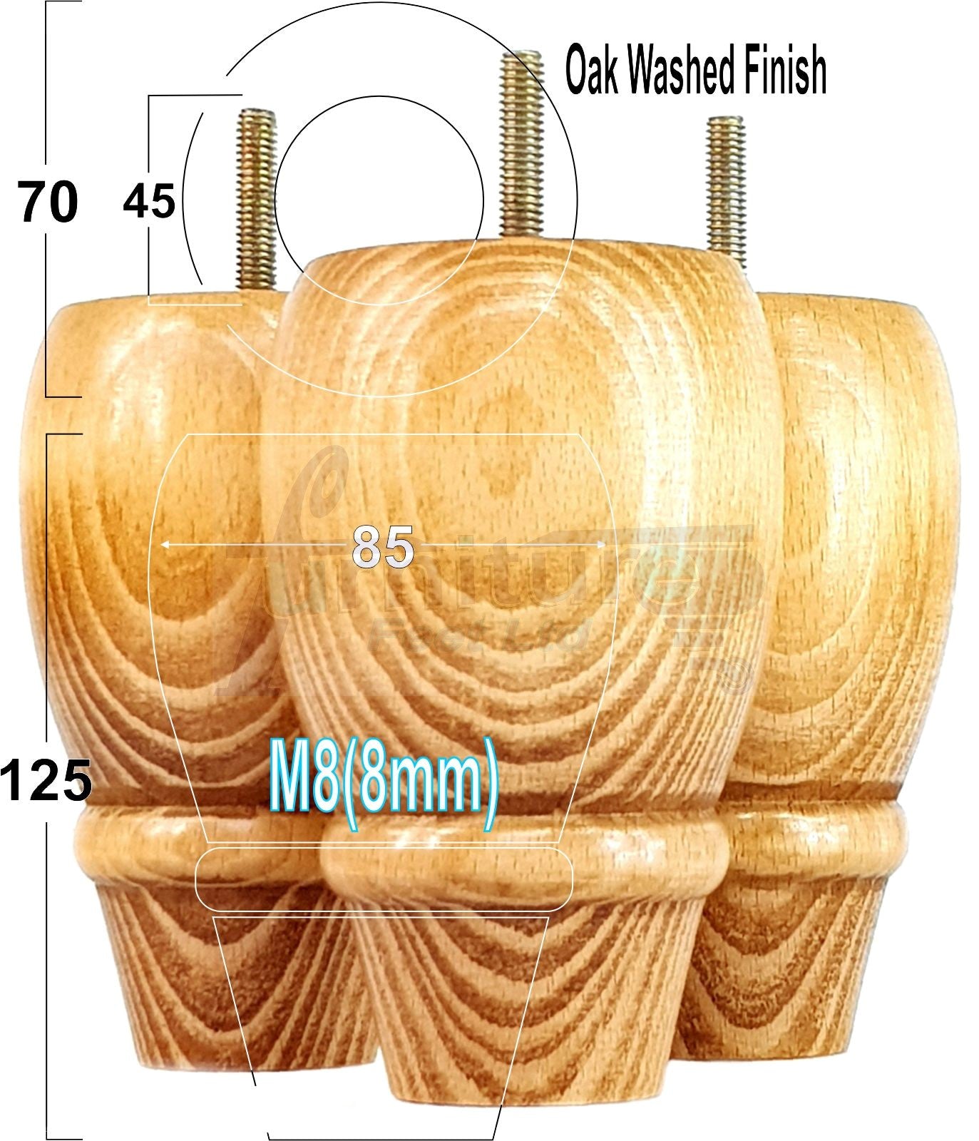 Set Of 4 Solid Wood Turned Replacement Furniture Legs 125mm High 8mm Thread