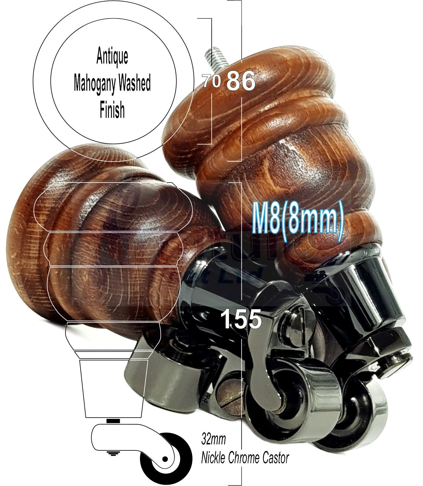 4 Turned Wood Furniture Feet With Black Chrome Castors 155mm Legs Sofas Chairs Stools Cabinets Beds M8 6 Inches