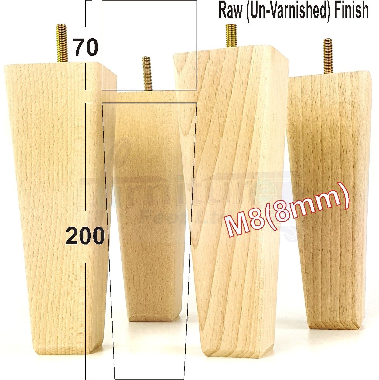 4x Wooden Furniture Legs 200mm High Replacement Square Tapered Feet 8mm