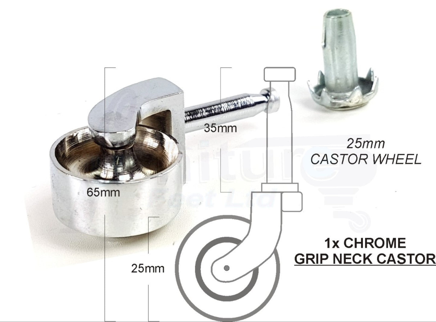 Chrome Castor & Socket 32mm Wheel Push In, Grip Neck Castors For Furniture