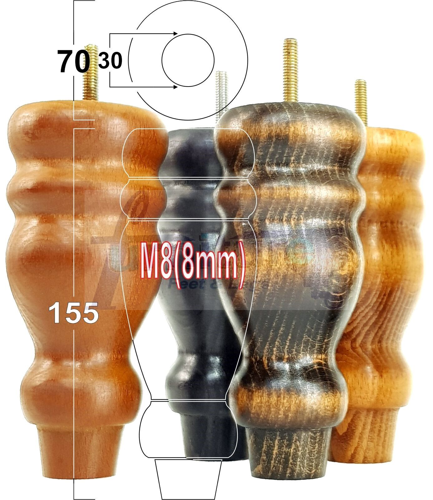Set Of 4 Turned Wood Furniture Replacement Feet 155mm High 8mm Tread