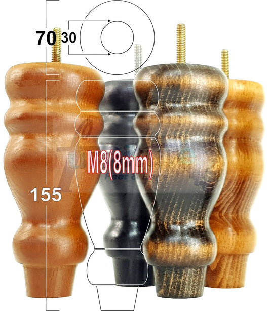 Set Of 4 Turned Wood Furniture Replacement Feet 155mm High 8mm Tread