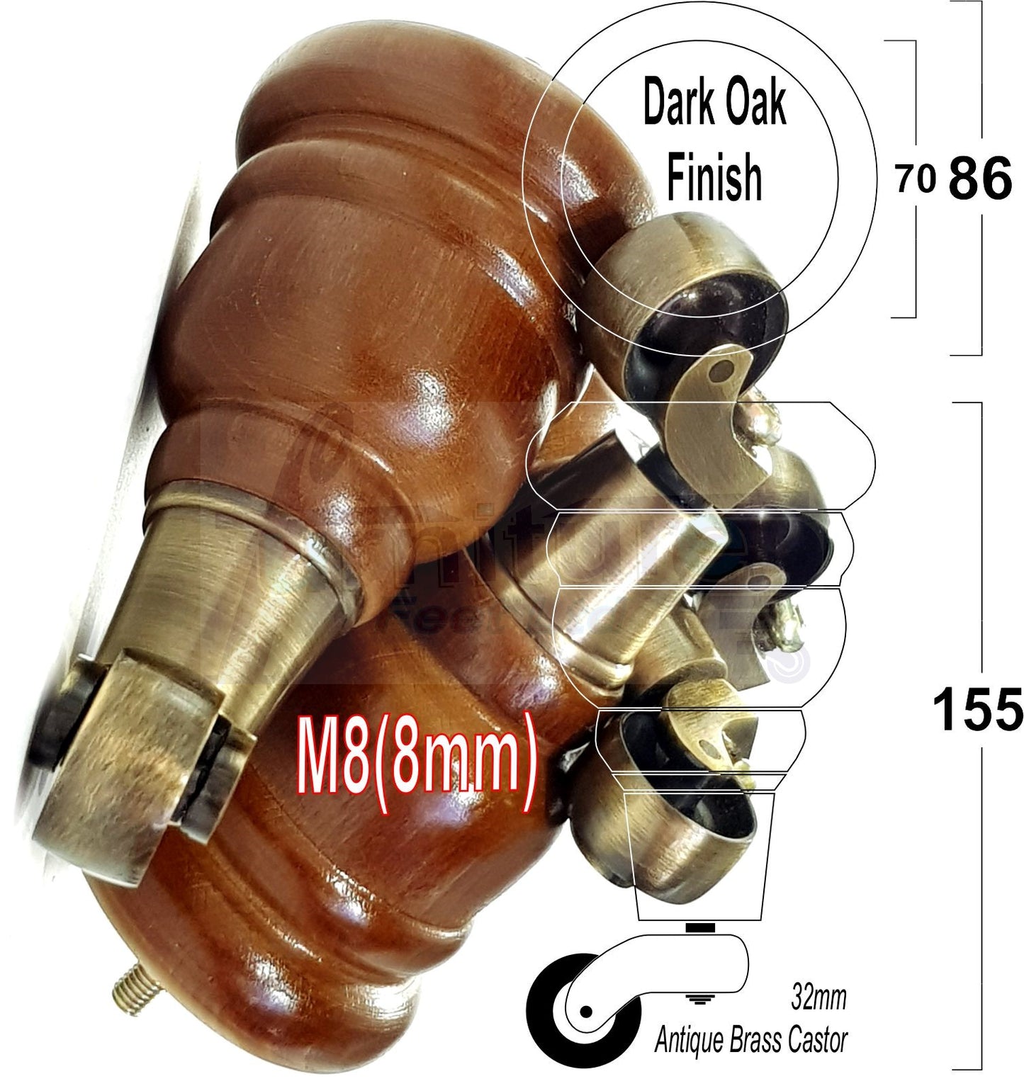 4 Turned Wood Furniture Feet With Antique Brass Castors 155mm Legs Sofas Chairs Stools Cabinets Beds M8 6 Inches