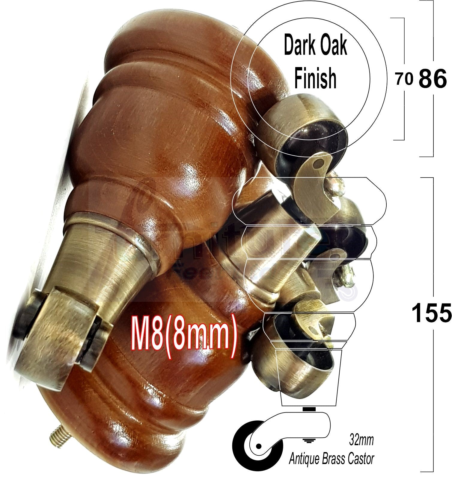 4 Turned Wood Furniture Feet With Antique Brass Castors 155mm Legs Sofas Chairs Stools Cabinets Beds M8 6 Inches