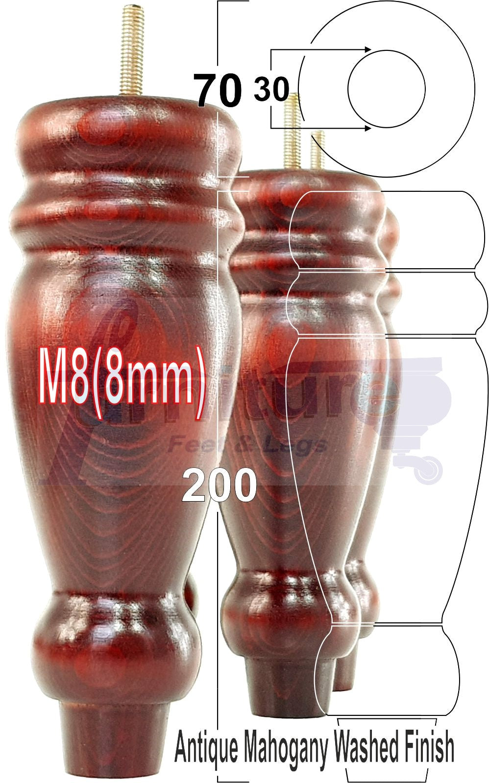 Set Of 4 Turned Furniture Legs Replacement Sofa Feet 200mm High M8 Thread