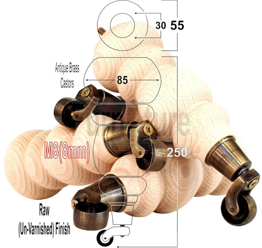 4x Turned Wood Furniture Antique Castor Leg M8 Replacement Feet Chairs Stools Sofa 250mm