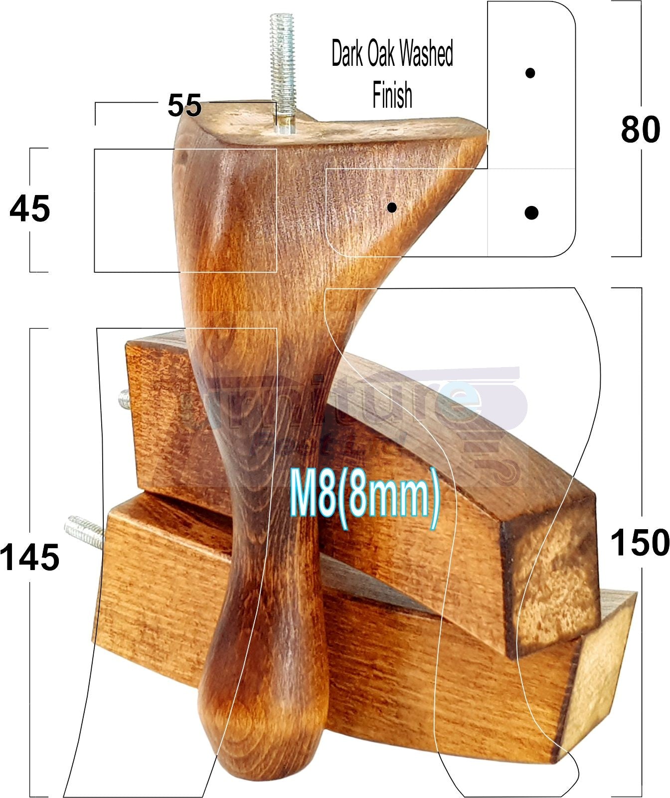 2x Vintage Queen Anne Replacement Furniture Legs & 2x Curved Back Feet 150mm 6 Inch High 8mm Thread