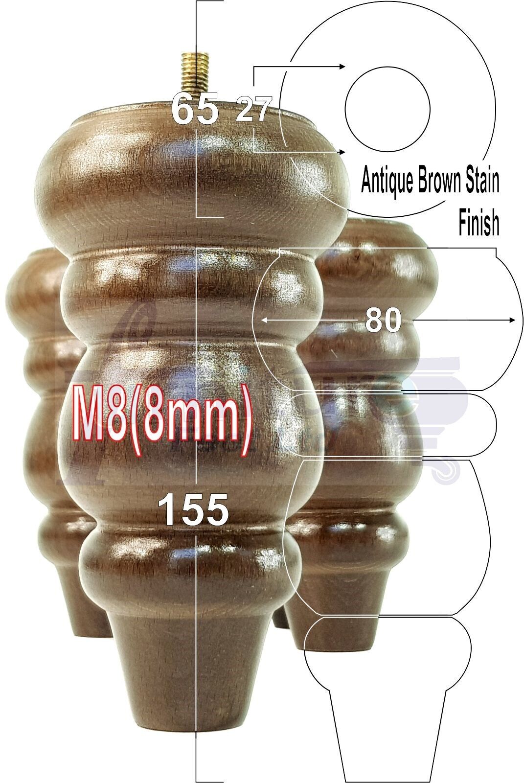 4 Solid Wood Turned Furniture Legs Round Repalcement Chair, Settee Feet 155mm 8mm Thread