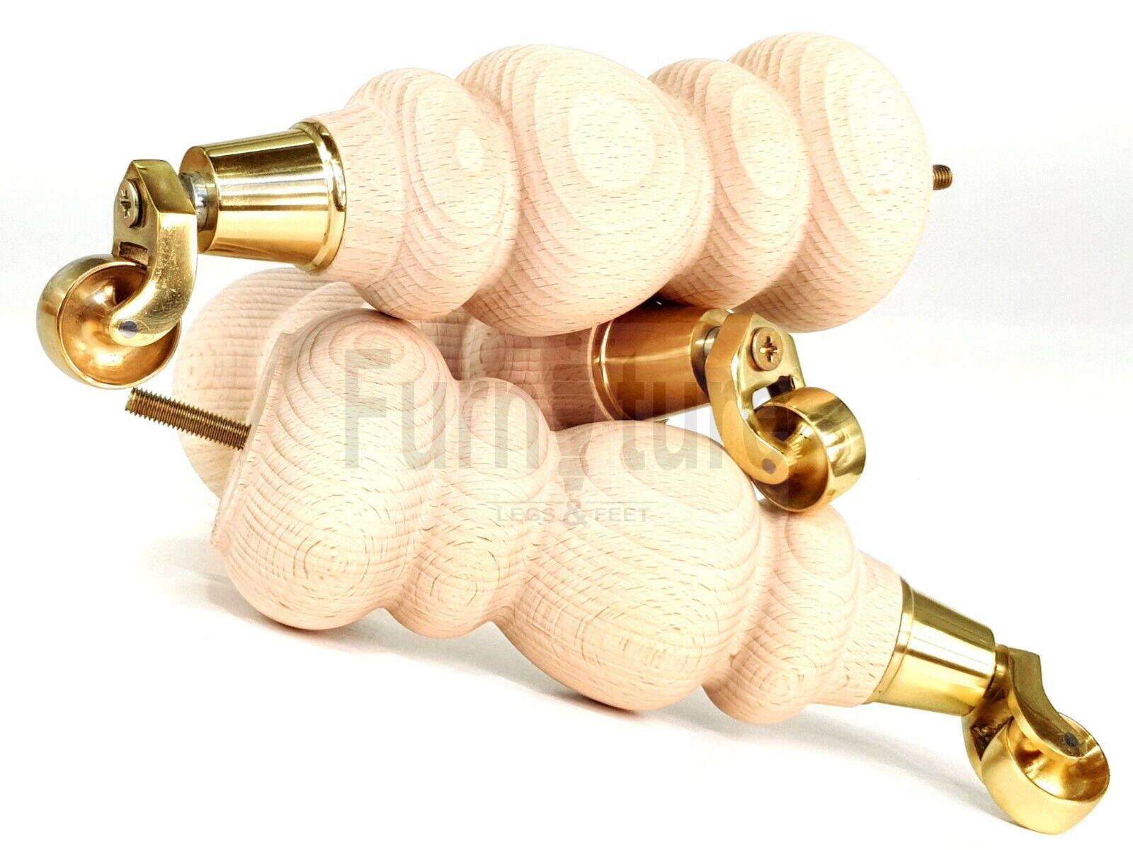 4x Turned Wood Furniture Brass Castor Leg M8 Replacement Feet Chairs Stools Sofa 250mm