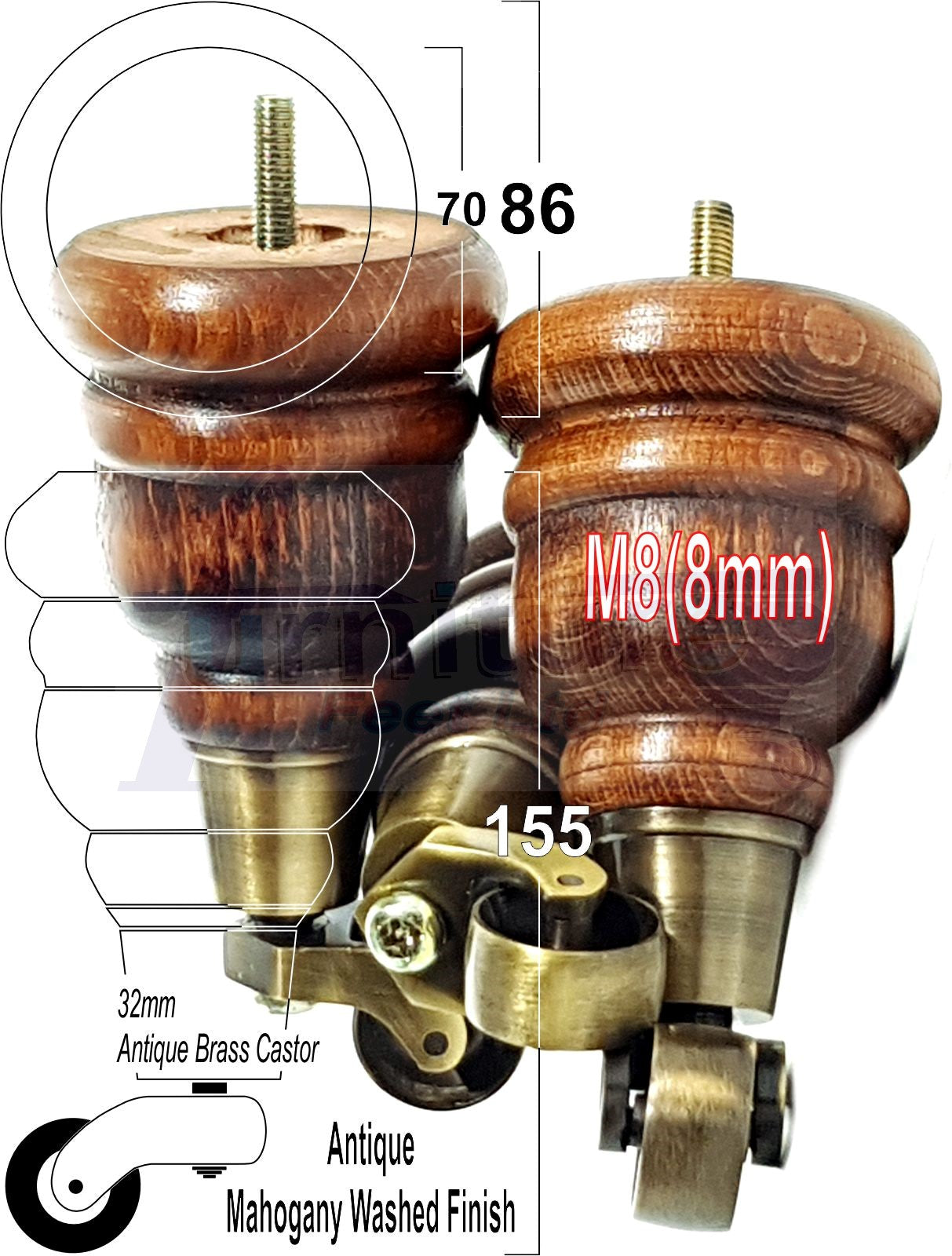 4 Turned Wood Furniture Feet With Antique Brass Castors 155mm Legs Sofas Chairs Stools Cabinets Beds M8 6 Inches