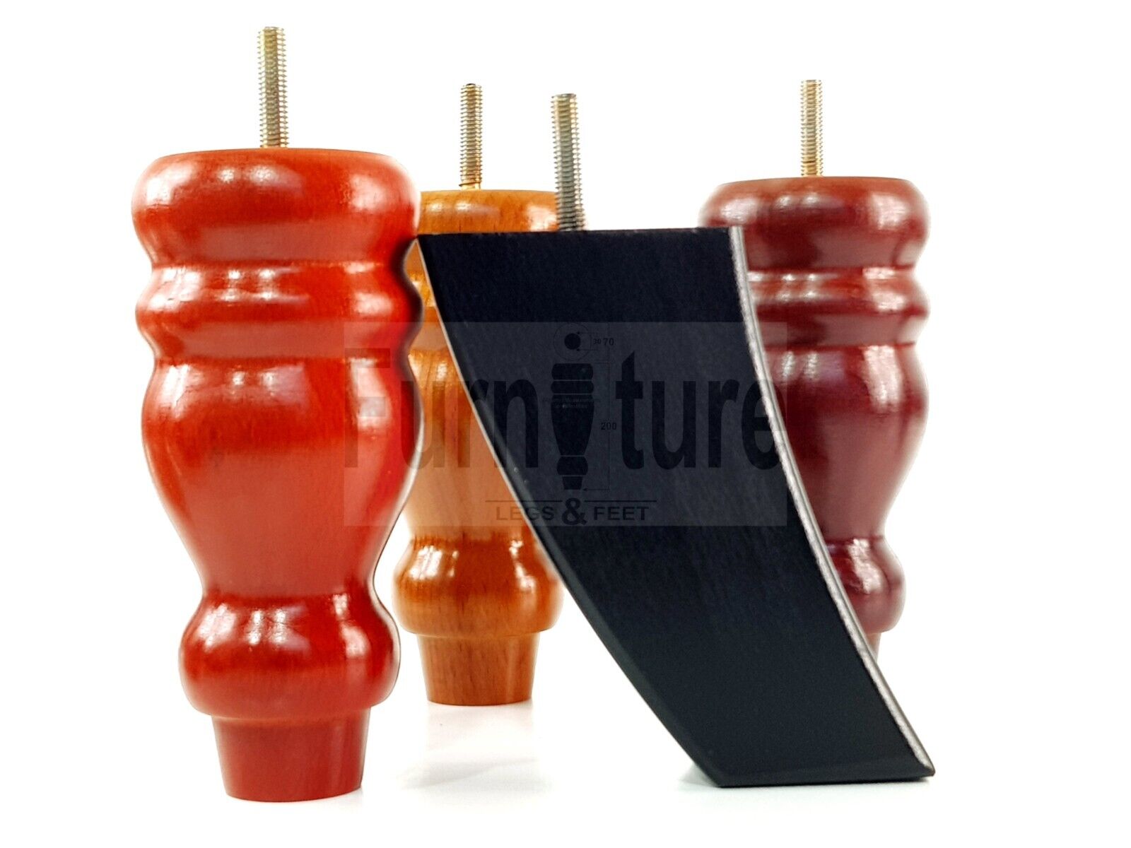 2x Turned Wood Furniture Feet 155mm and 2 Curved Back Legs Sofas Chairs Beds M8 Thread 6 Inches