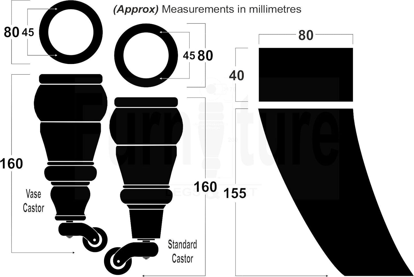 2 Wooden Castor Furniture Sofa Legs & 2 Curved Back Feet  Dark Oak Stain M8 Chair Settee Feet 160mm High