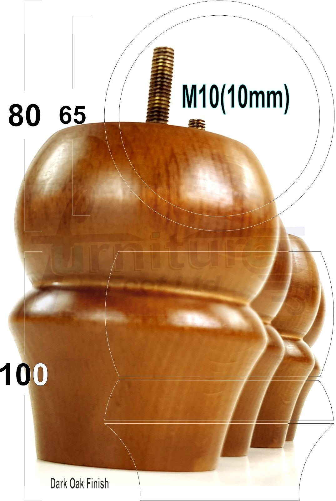 Set Of 4 Solid Wood Turned Furniture Legs Replacement Bun Feet 100mm High 10mm Thread