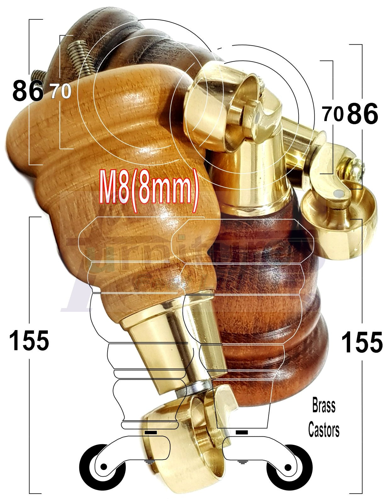 4 Turned Wood Furniture Feet With Brass Castors 155mm Legs Sofas Chairs Stools Cabinets Beds M8 6 Inches
