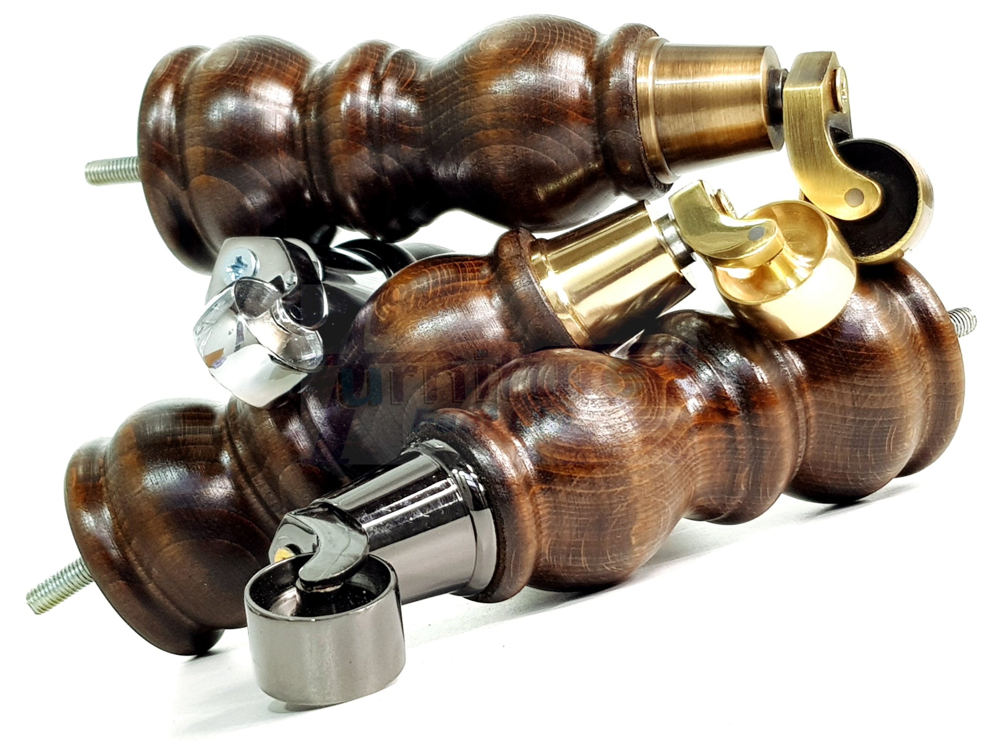 4x Solid Wooden Furniture Legs with Castor 205mm 8 Inches High Walnut Replacement Feet 8mm Threaded Dowl Fix