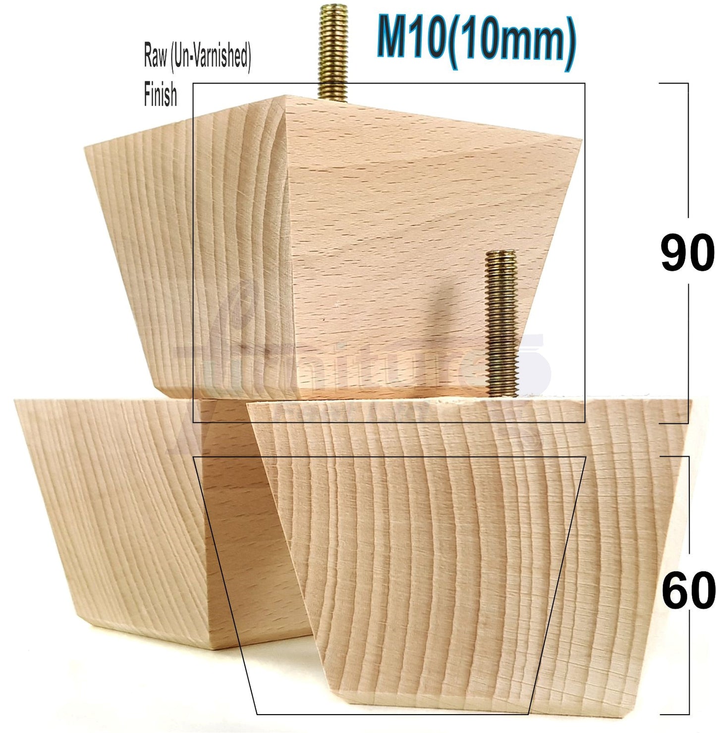 4x Square Wood Sofa Legs 60mm High Replacement Furniture Feet Chairs Cabinets M10 Thread