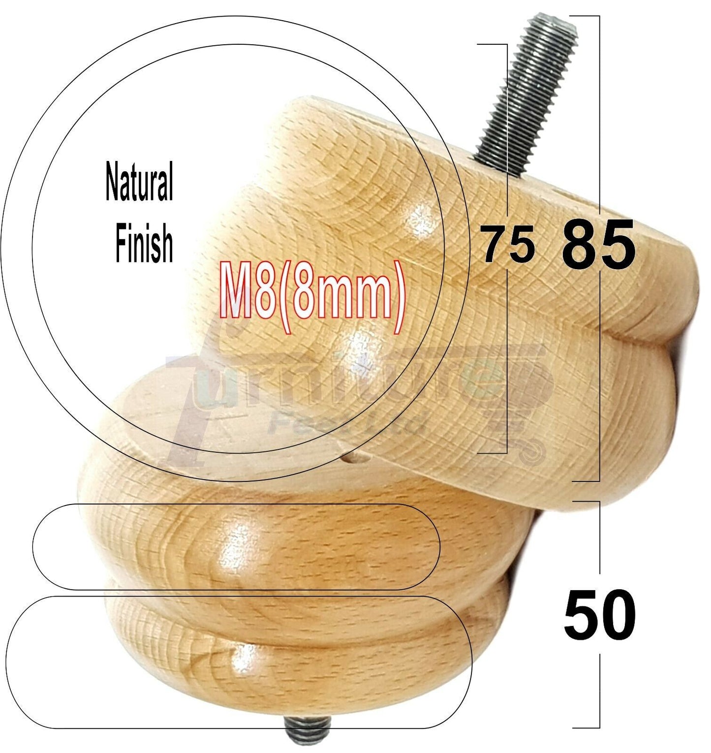 Set Of 4 Turned Wooden Furniture Legs Replacement Bun Feet 50mm High 8mm Thread