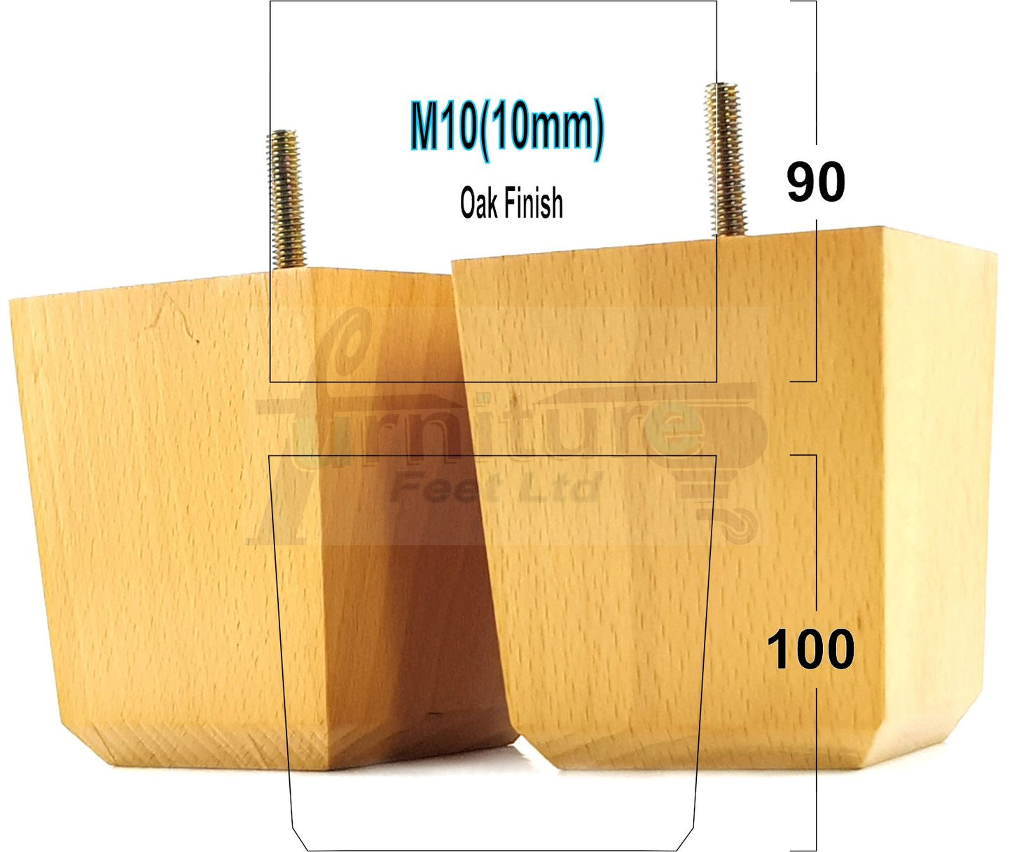 4x Solid Wood Square Furniture Legs Block Replacement Feet 100mm M10 Thread