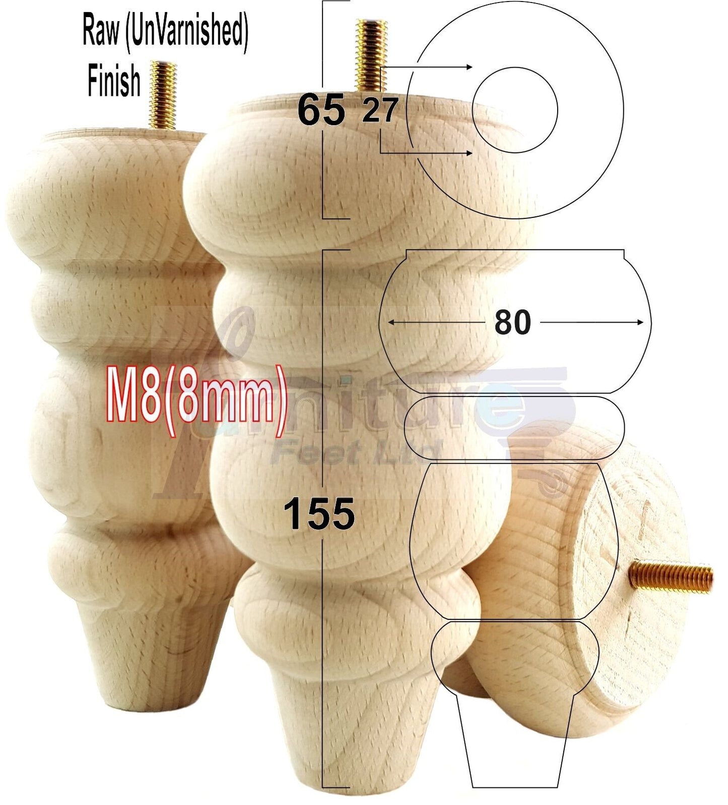 4 Solid Turned Wood Furniture Sofa Leg M8 Chair Settee Footstool Feet 155mm High