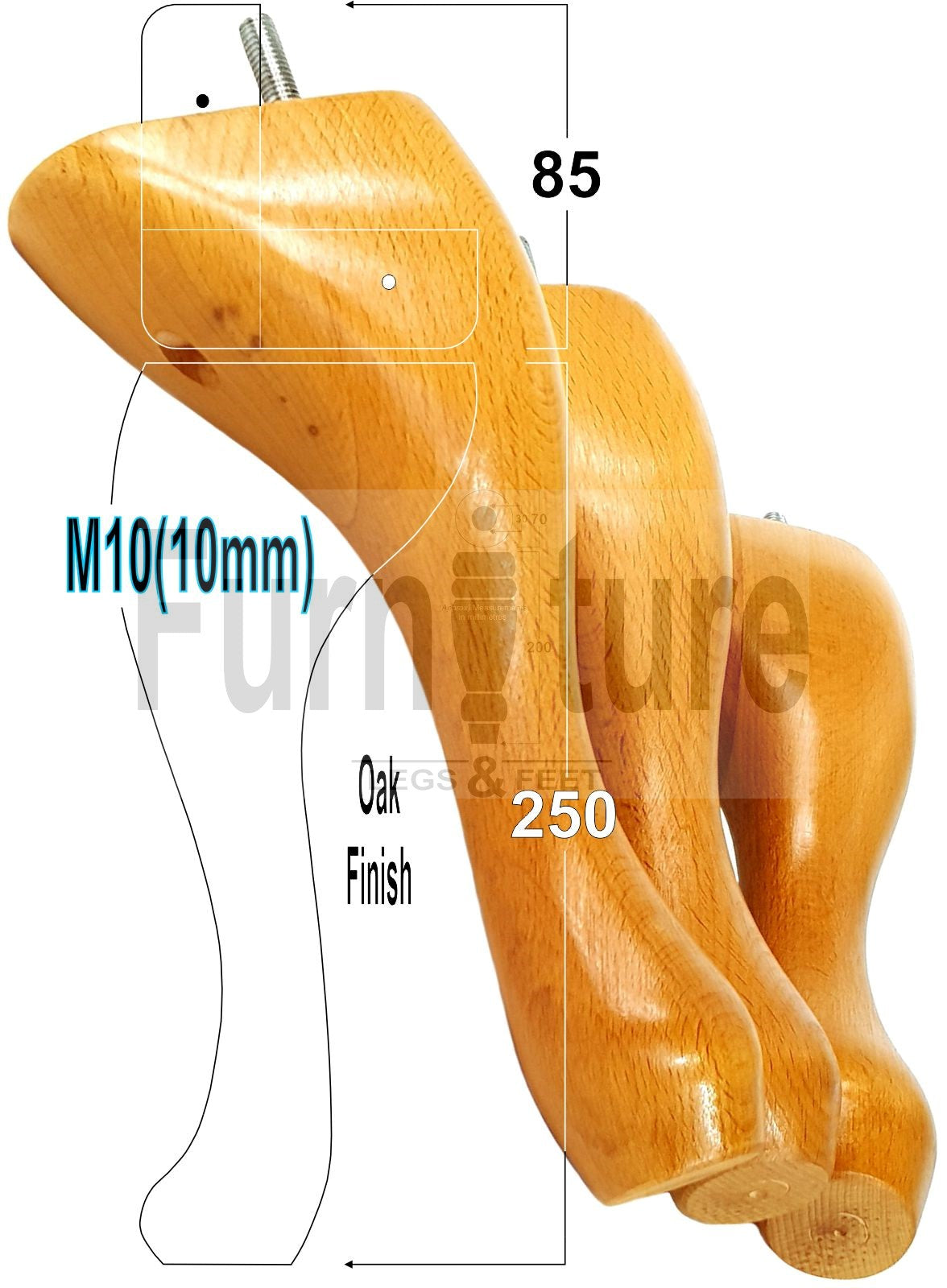 4 Replacement Traditional Queen Anne Furniture Leg 250mm High Sofa Chair Beds M10 Thread