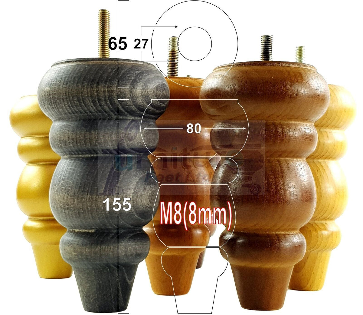 4 Solid Wood Turned Furniture Legs Round Repalcement Chair, Settee Feet 155mm 8mm Thread
