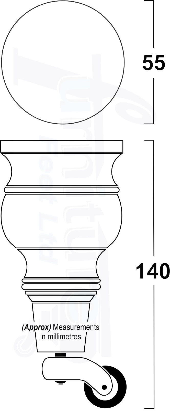 4x Turned Wood Furniture Legs With Antique Castor 150mm High M8 For Settees Chairs & Cabinets