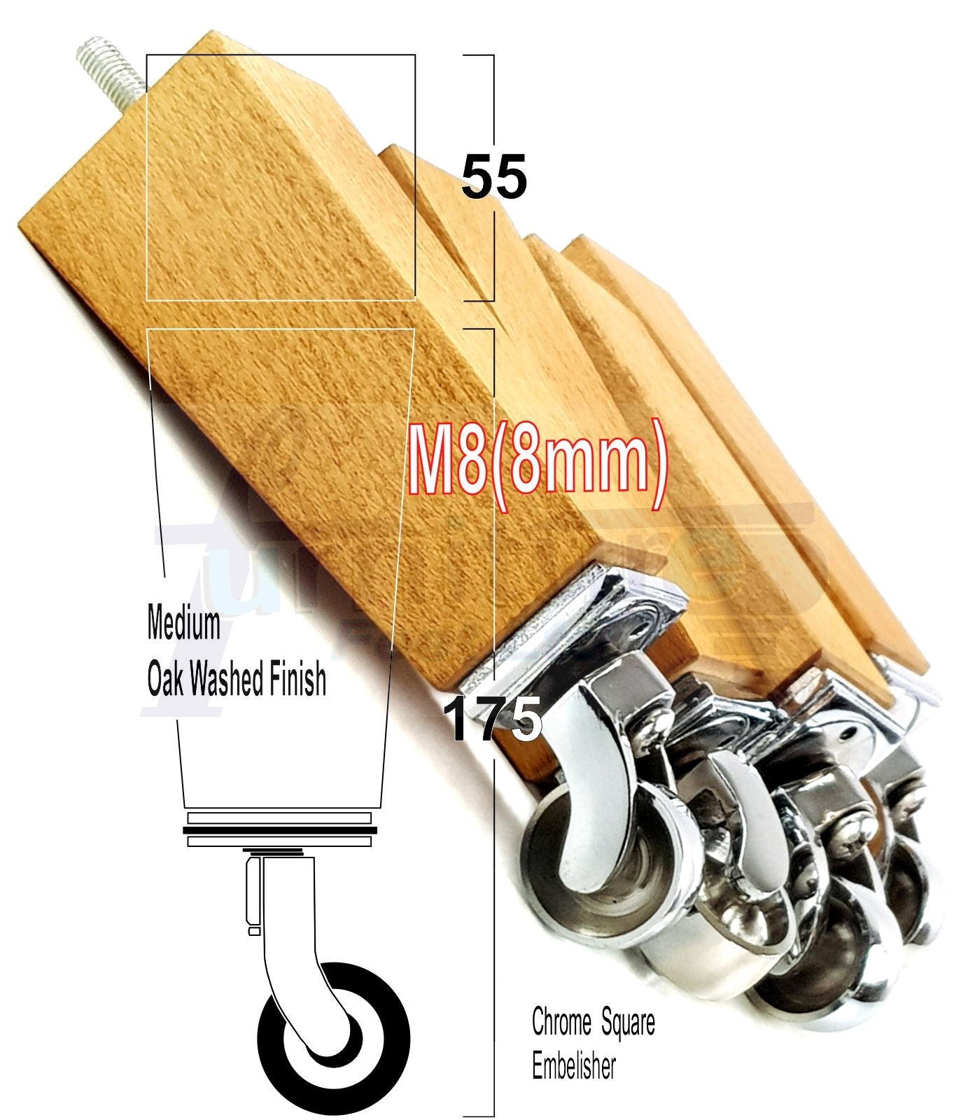 4x Solid Wood Furniture Legs Chair Sofa Bed Replacement Feet 175mm High With Chrome Castors 8mm Thread