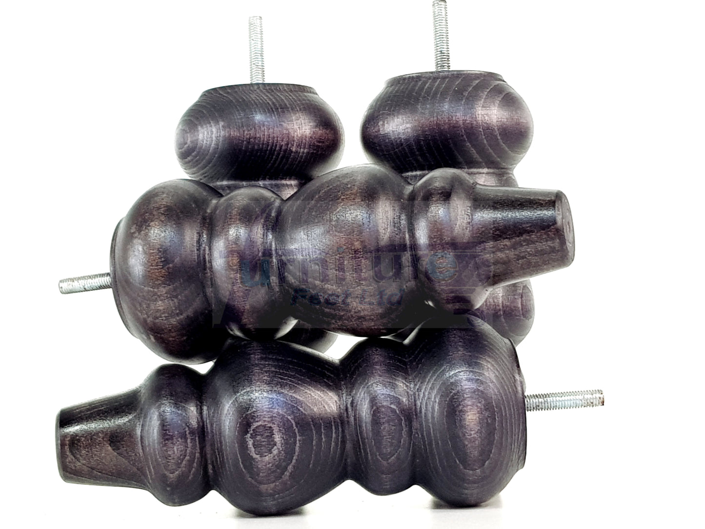 4 Solid Wood Furniture Legs Replacement Turned Feet 200mm High M8(8mm) Thread: Black Washed