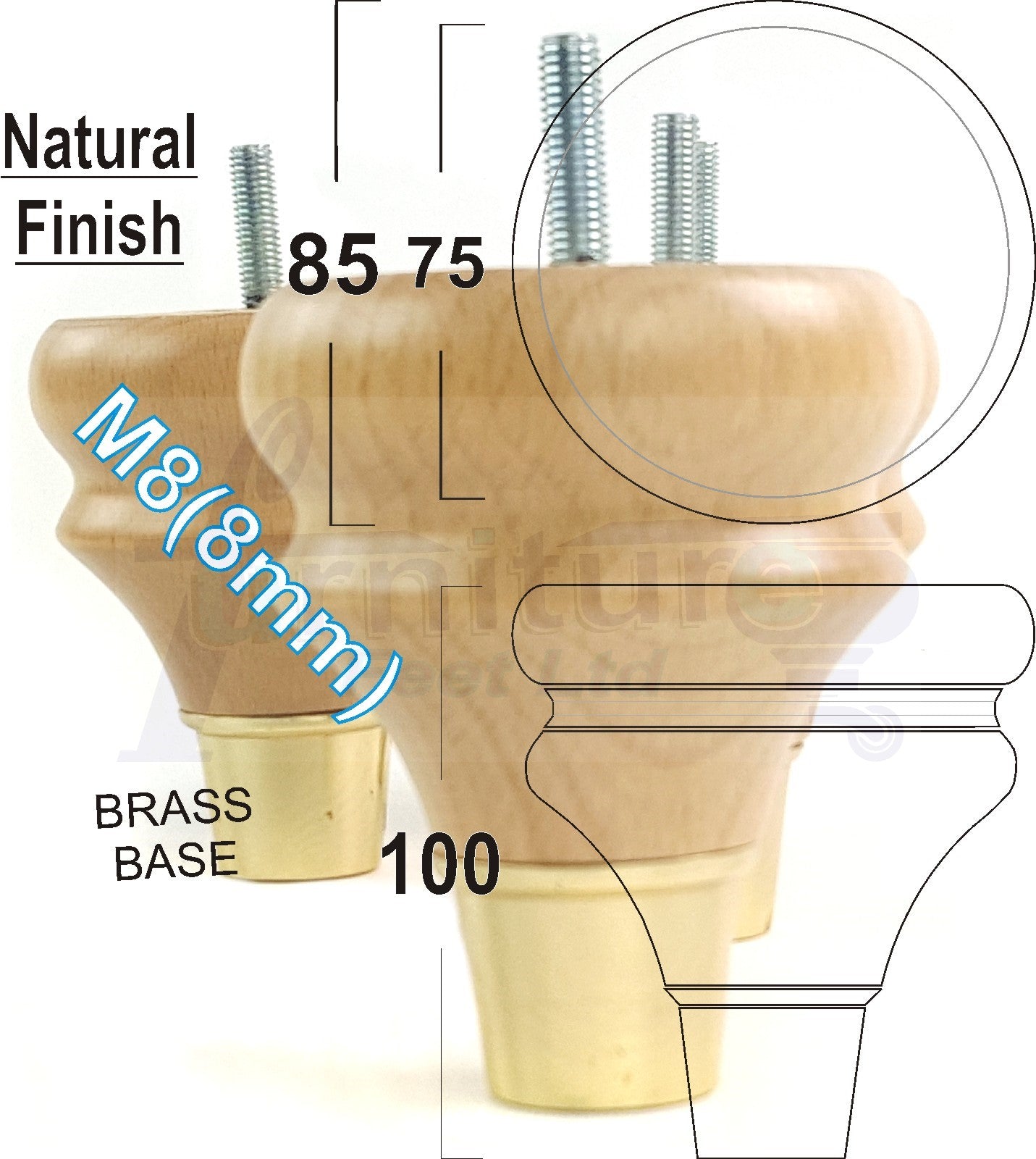 4x Turned Wood Furniture Feet M8(8mm) With Slipper Cup Chair Sofa Settee Legs 110mm