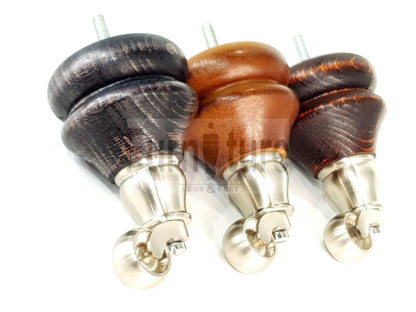 Set Of 4 Turned Furniture Wood Feet With Brushed Castors 140mm Sofas Chairs Settee Cabinets Beds M8(8mm)