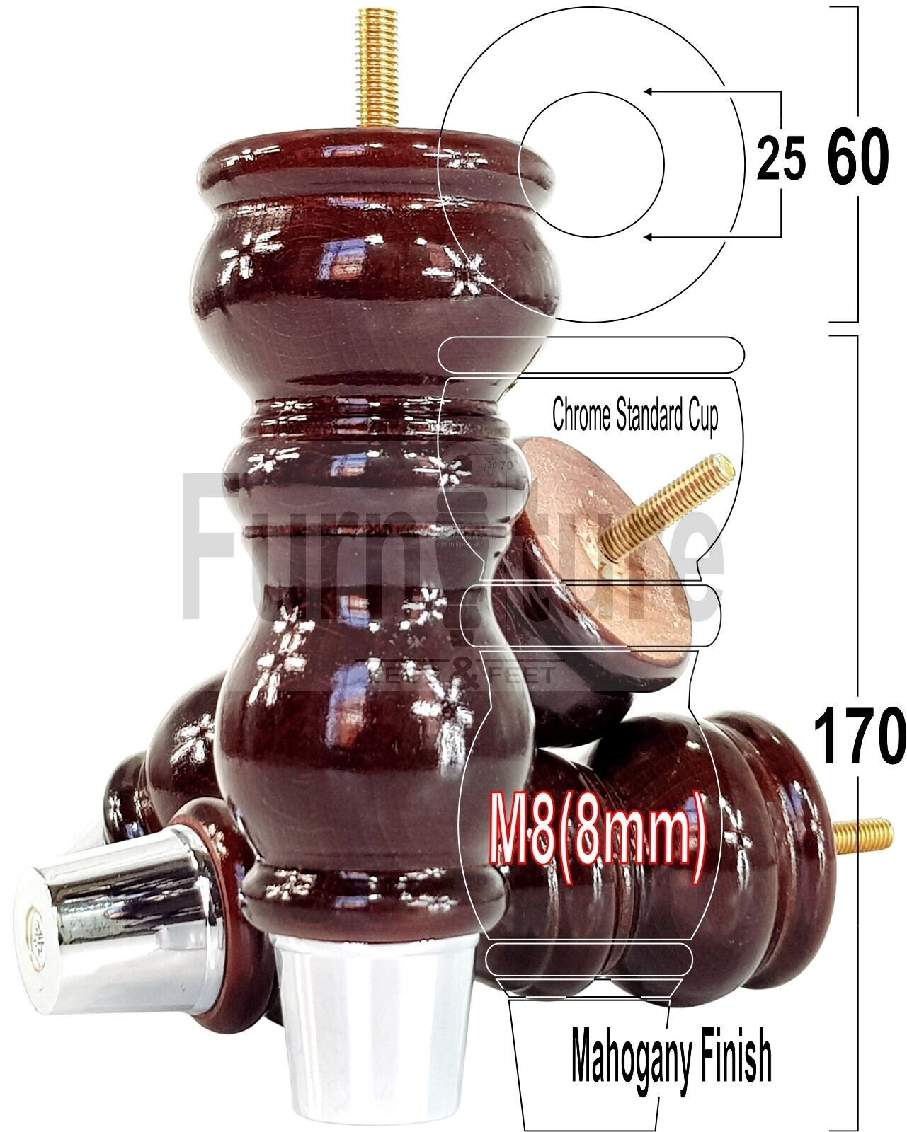 4x Furniture Feet With Slipper Cup 175mm High Legs Mahogany Finish Wood M8 Sofas Chairs Cabinets