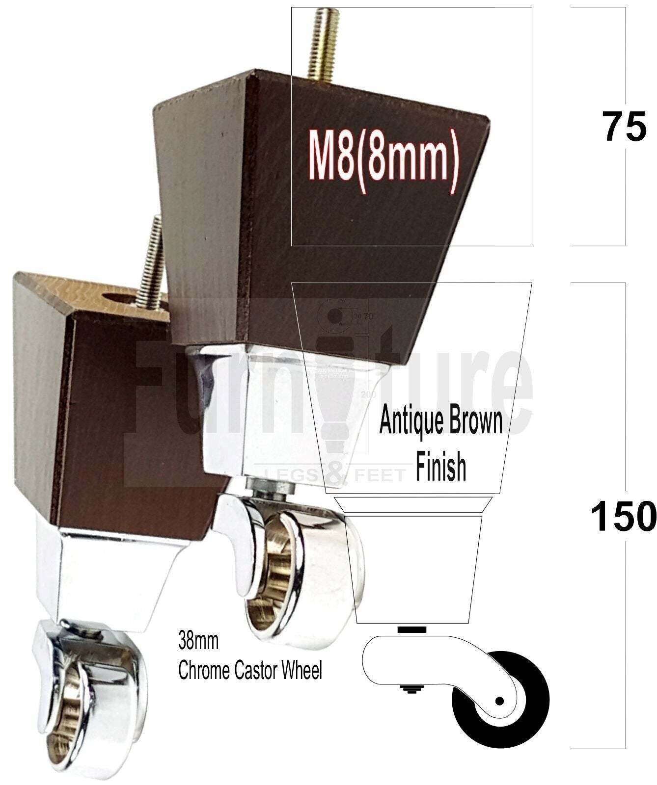 4x Block Wood Furniture Legs With Chrome Castors For Sofa Chairs Settees 8mm Thread 150mm High