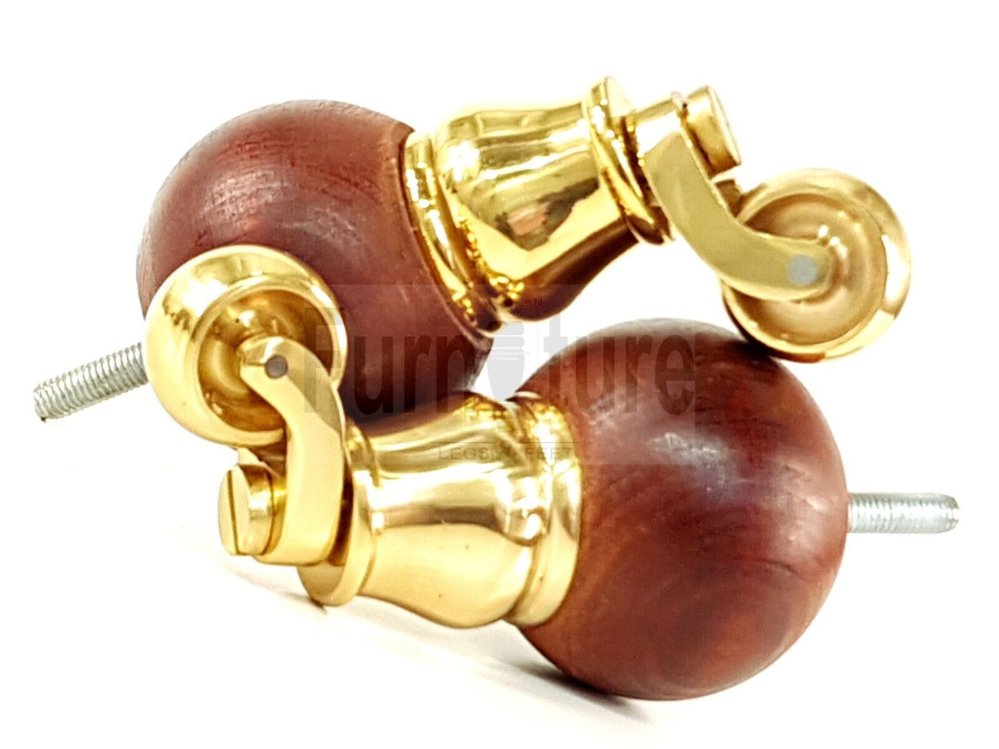 4x Turned Wood with Brass Castor Furniture Chair Settee Legs M8 Sofa Feet 118mm