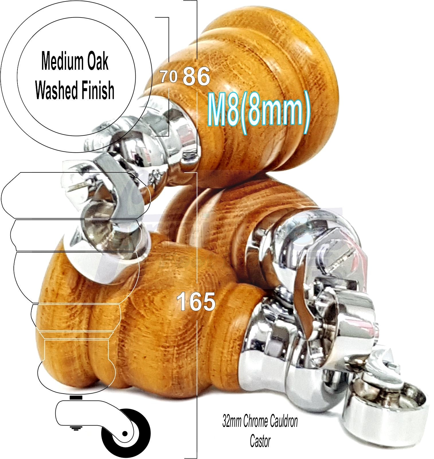 4 Turned Wood Furniture Feet With Chrome Cauldron Castors 155mm Legs Sofas Chairs Stools Cabinets Beds M8 6 Inches