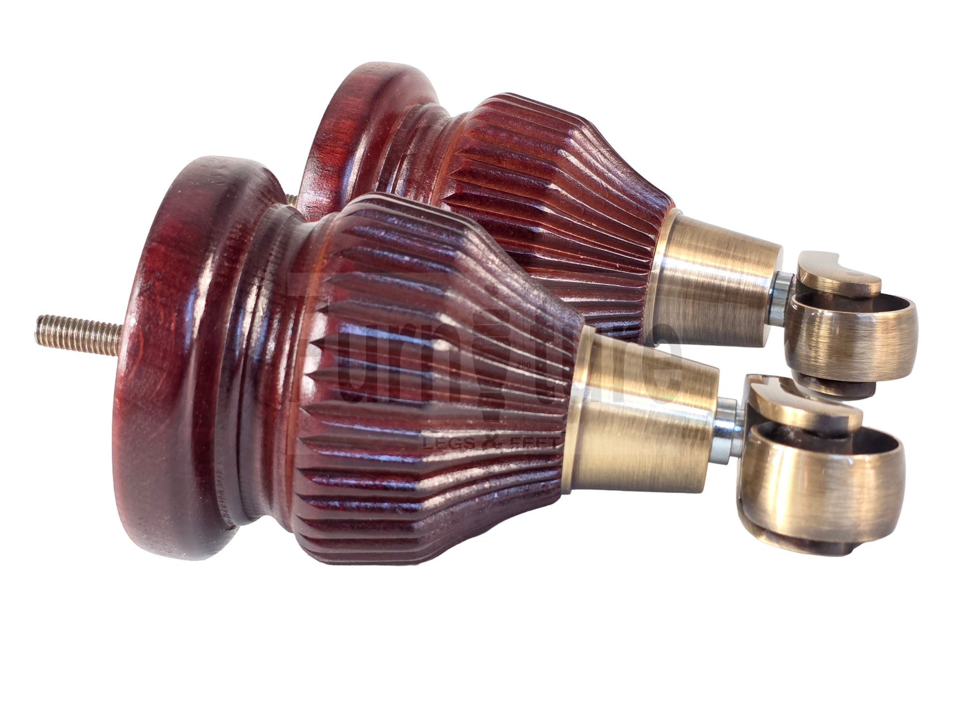Wood Furniture Legs Replacement Feet 6 Inches with Antique Brass Castors 155mm High M8 Dowl Fixing - Mahogany Finish