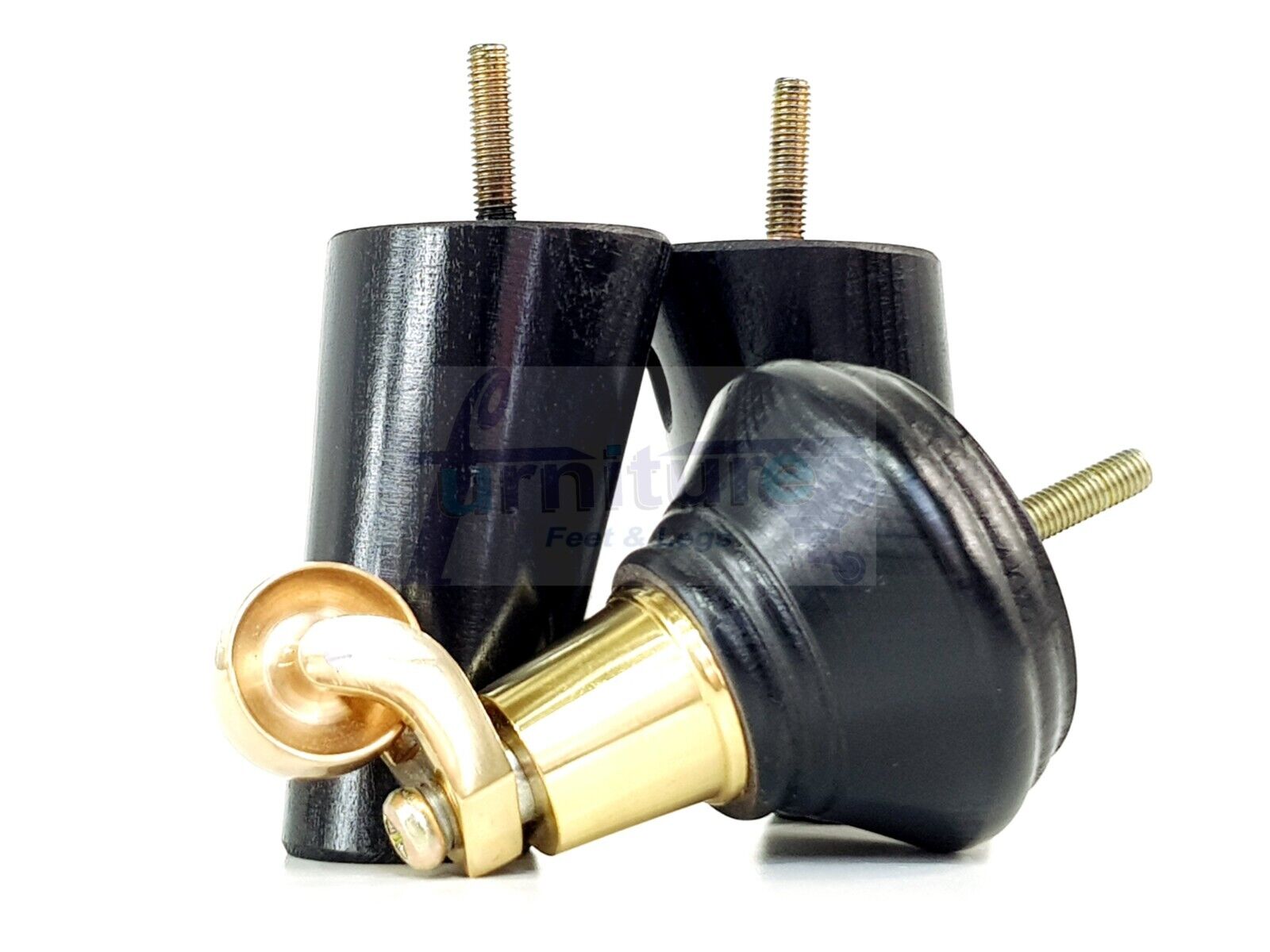 2 Black Wood Furniture Sofa Legs With Castor 125mm & 2 Angled Back Feet Chair Settee 100mm High M8