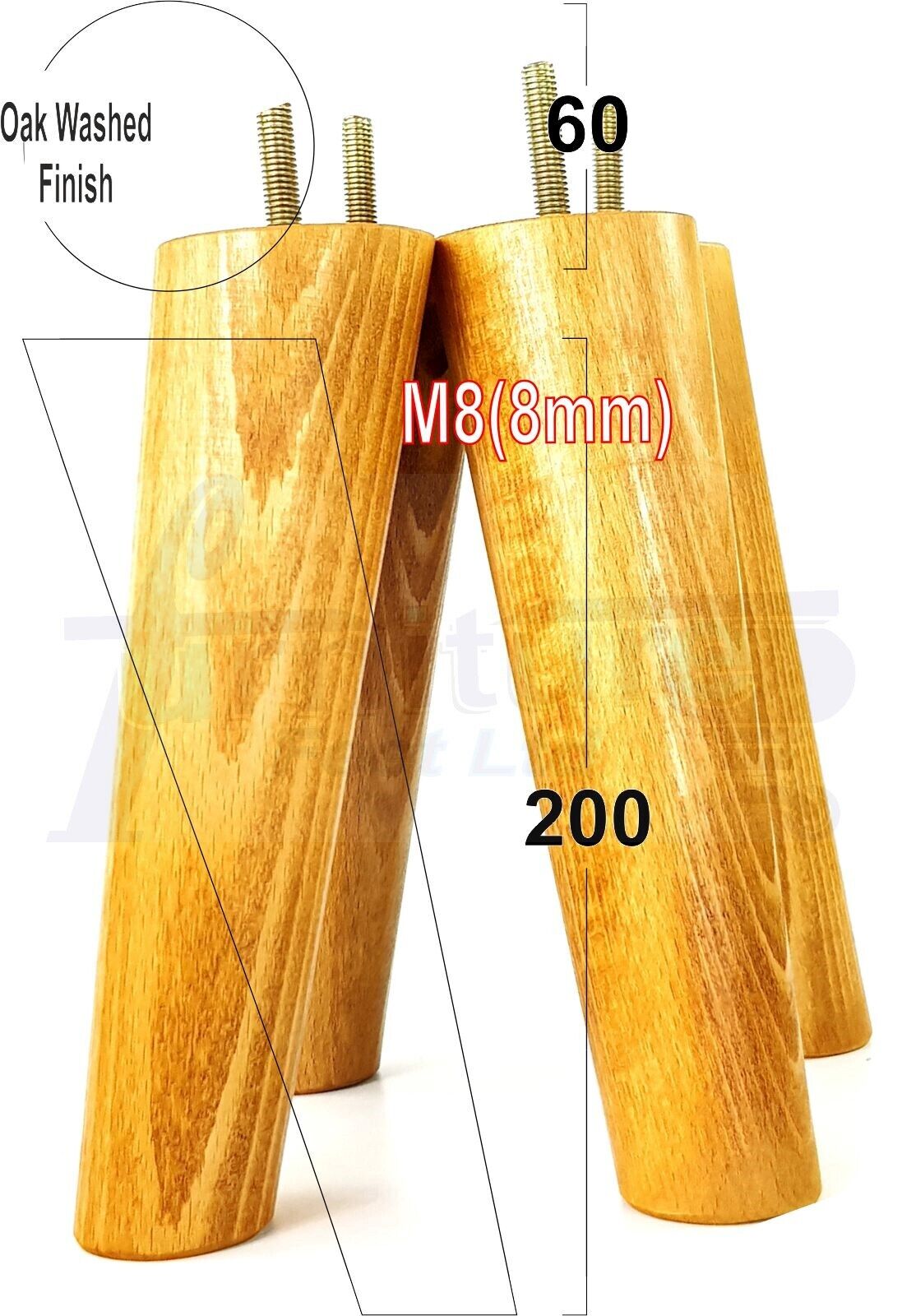 4 Solid Wood Turned Furniture Feet Replacement Mid Centry Angled Retro Legs 200mm High M8 Sofa Chairs Stools Cabinets Beds