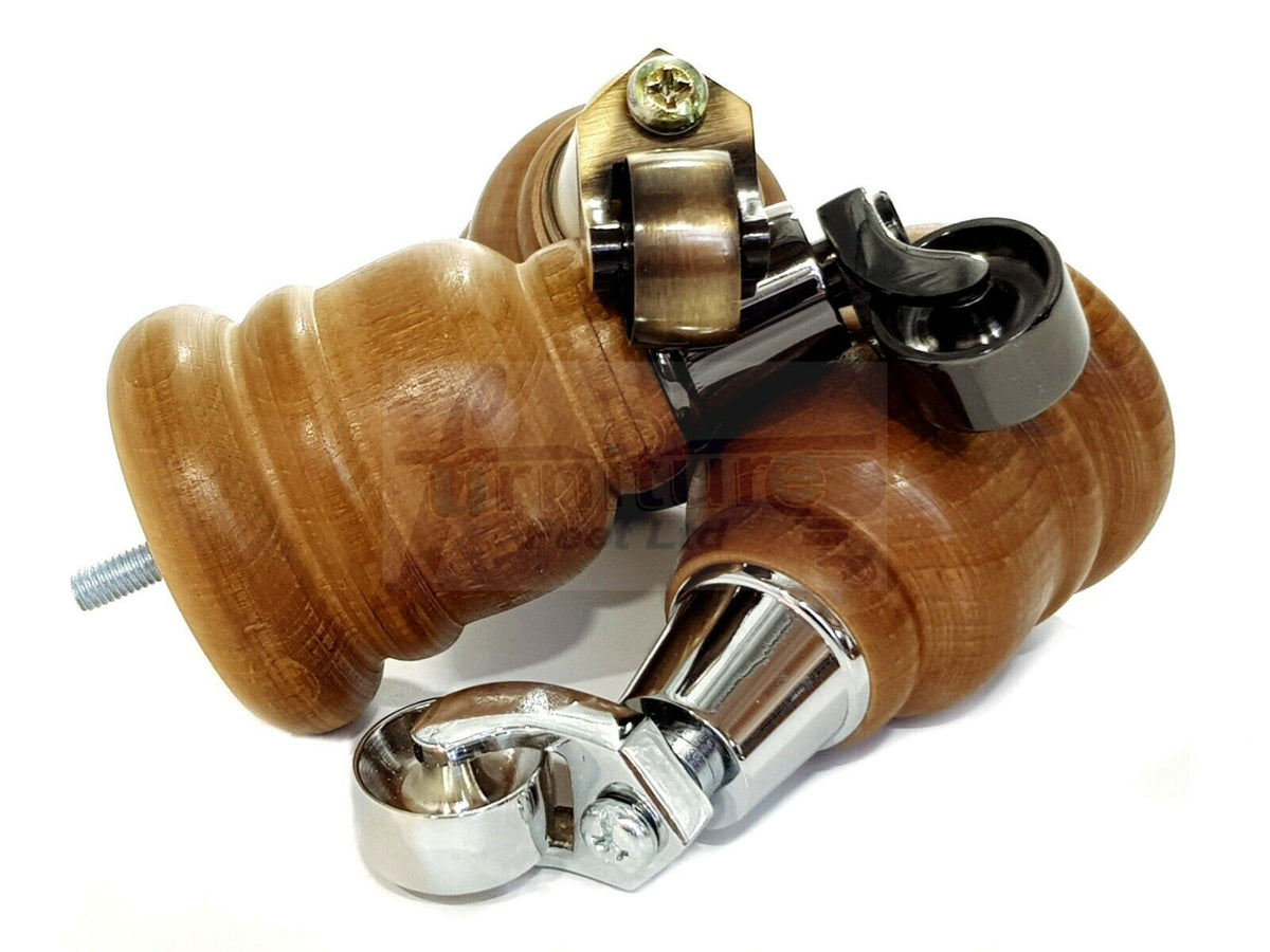 4 Turned Wood Dark Oak Stain Furniture Replacement Legs with Castors 155mm Legs M8 Fitting
