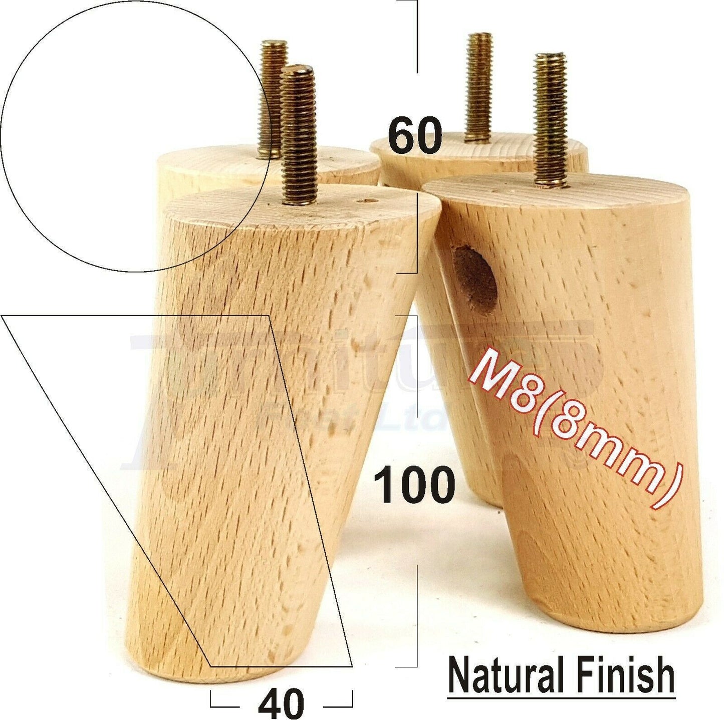 4 Solid Wood Turned Furniture Feet Replacement Mid Centry Angled Retro Legs 100mm High M8 Sofa Chairs Stools Cabinets Beds