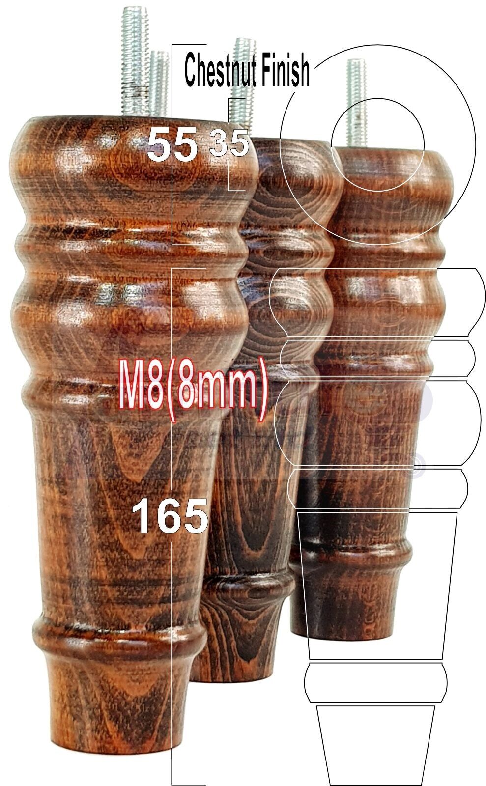 4 Wood Turned Furniture Legs Replacement Bun Feet 165mm High Multiple Colours 6.5 Inches Chairs Stools Sofa's Beds Settee Cabinets M8