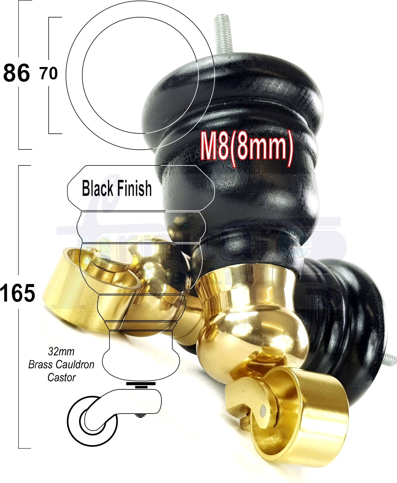 4 Turned Wood Furniture Feet With Brass Cauldron Castors 160mm Legs Sofas Chairs Stools Cabinets Beds M8 6 Inches