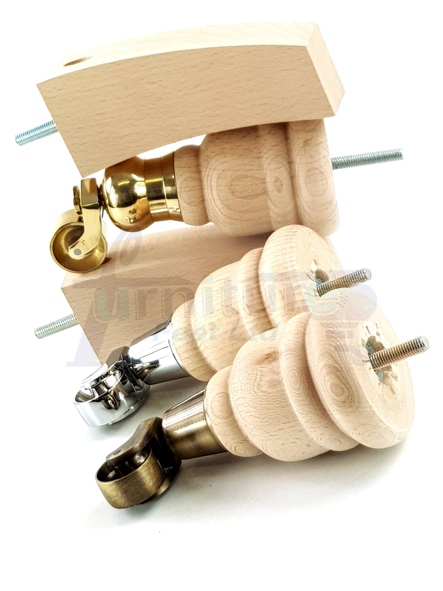 Natural Turned Wood Furniture Feet 2 With Castors 155mm and 2 Curved Back Legs Sofas Chairs Stools Cabinets Beds M8 6 Inches