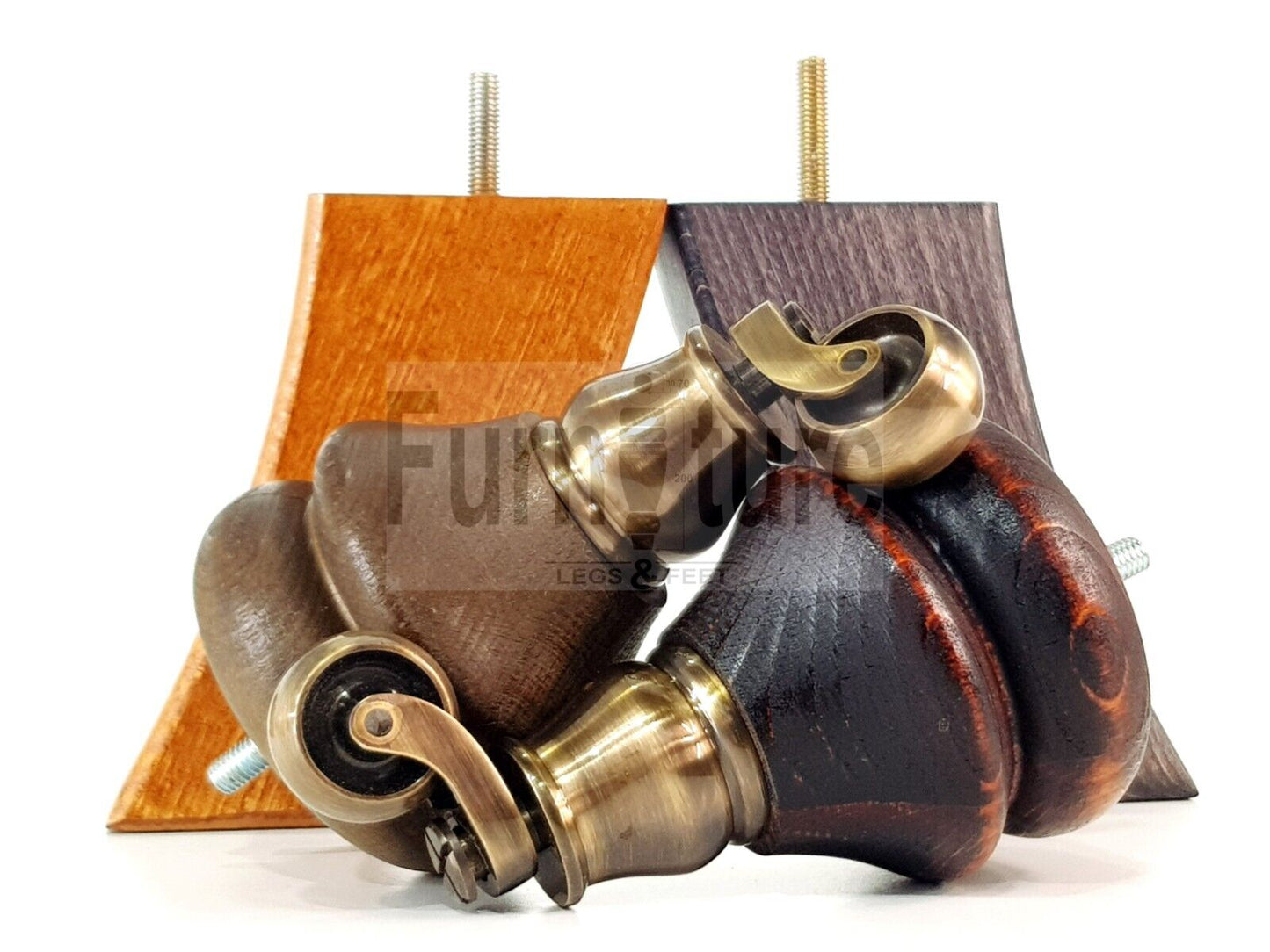 Turned Wood Furniture Feet 2 With Antique Brass Castors 140mm & 2 Curved Back Legs Sofas Chairs Beds 8mm