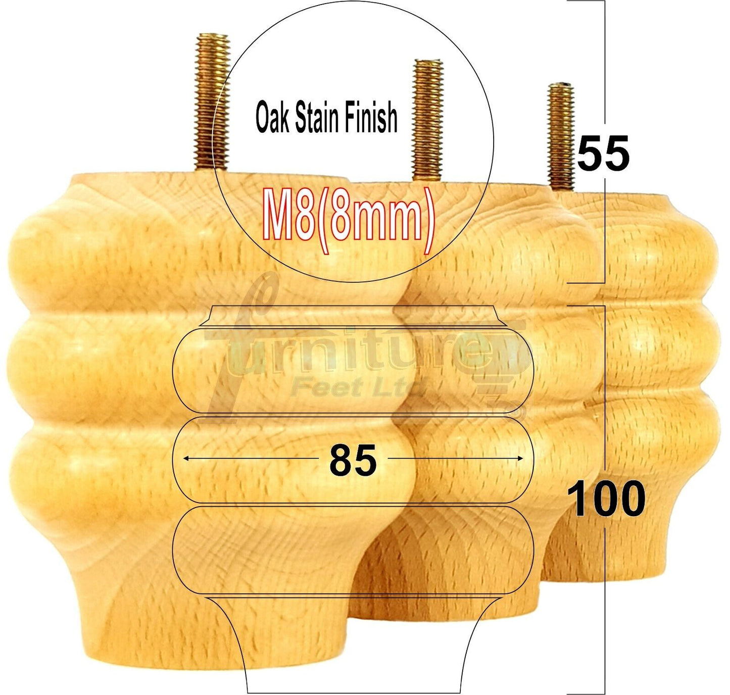 Set Of 4 Solid Wood Turned Furniture Legs Replacement Bun Feet 100mm High 8mm Thread